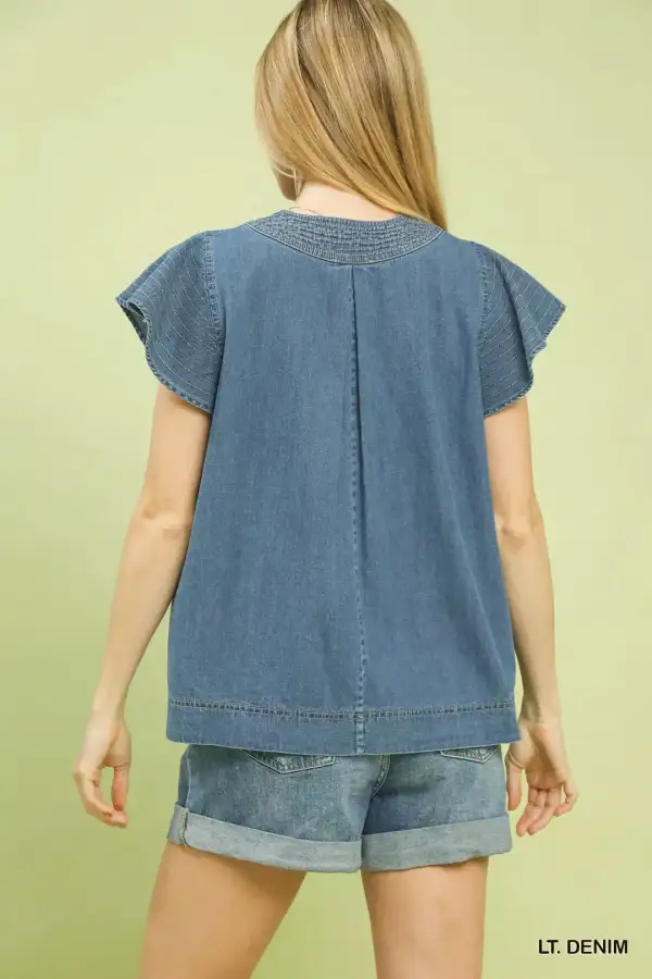 Regular Wash Denim Cap Sleeve Split V-Neck Stitched Detail Top