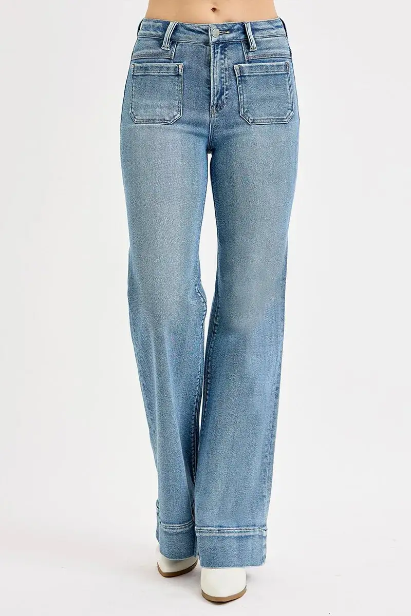 Structured High Waist Wide Leg Pocketed Denim Jeans