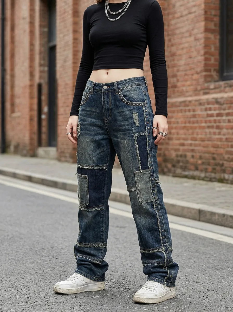 Women's Classic Casual Denim Pants with Distressed Accents
