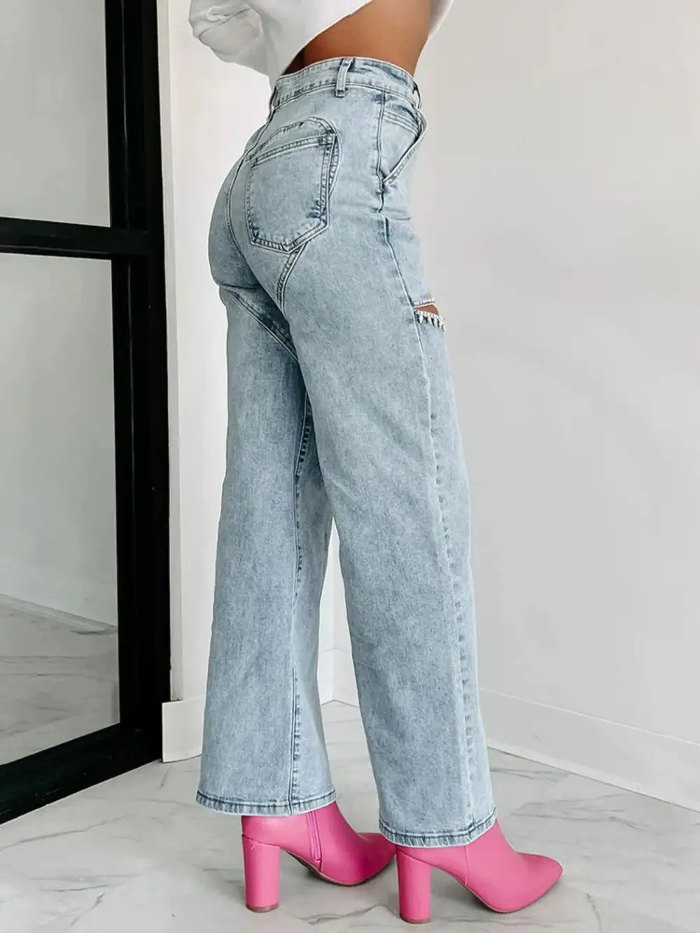Sharp Wide Leg Ripped Denim Jeans