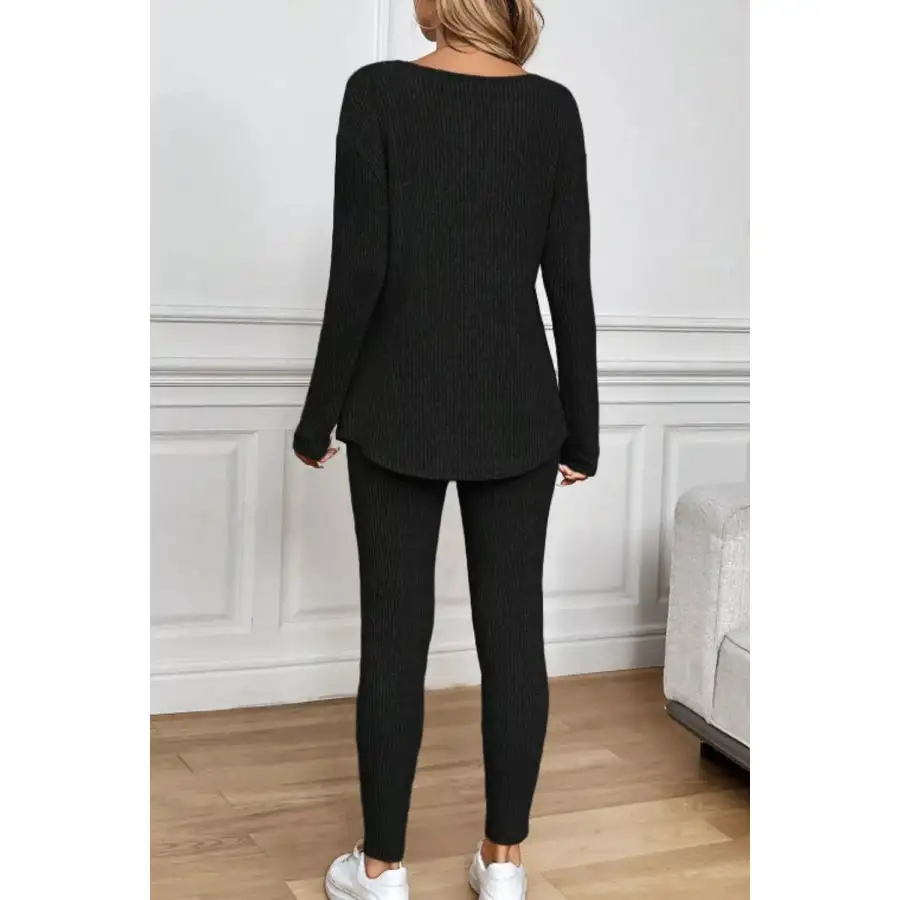 Notched Long Sleeve Top & Pants Set