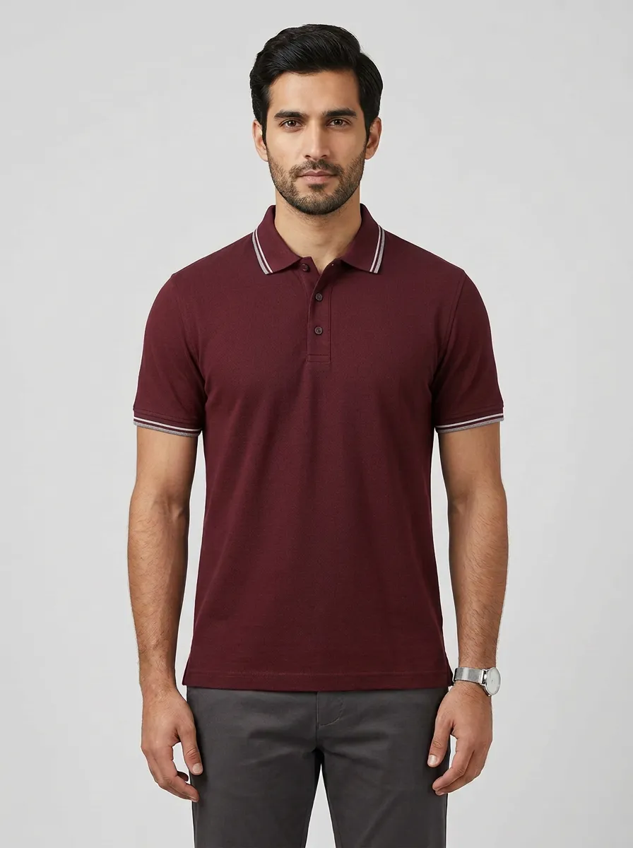 Men's Navy Blue Striped Collar Casual Cotton Polo Shirt