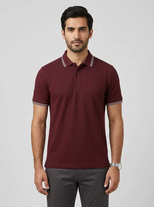 Men's Navy Blue Striped Collar Casual Cotton Polo Shirt