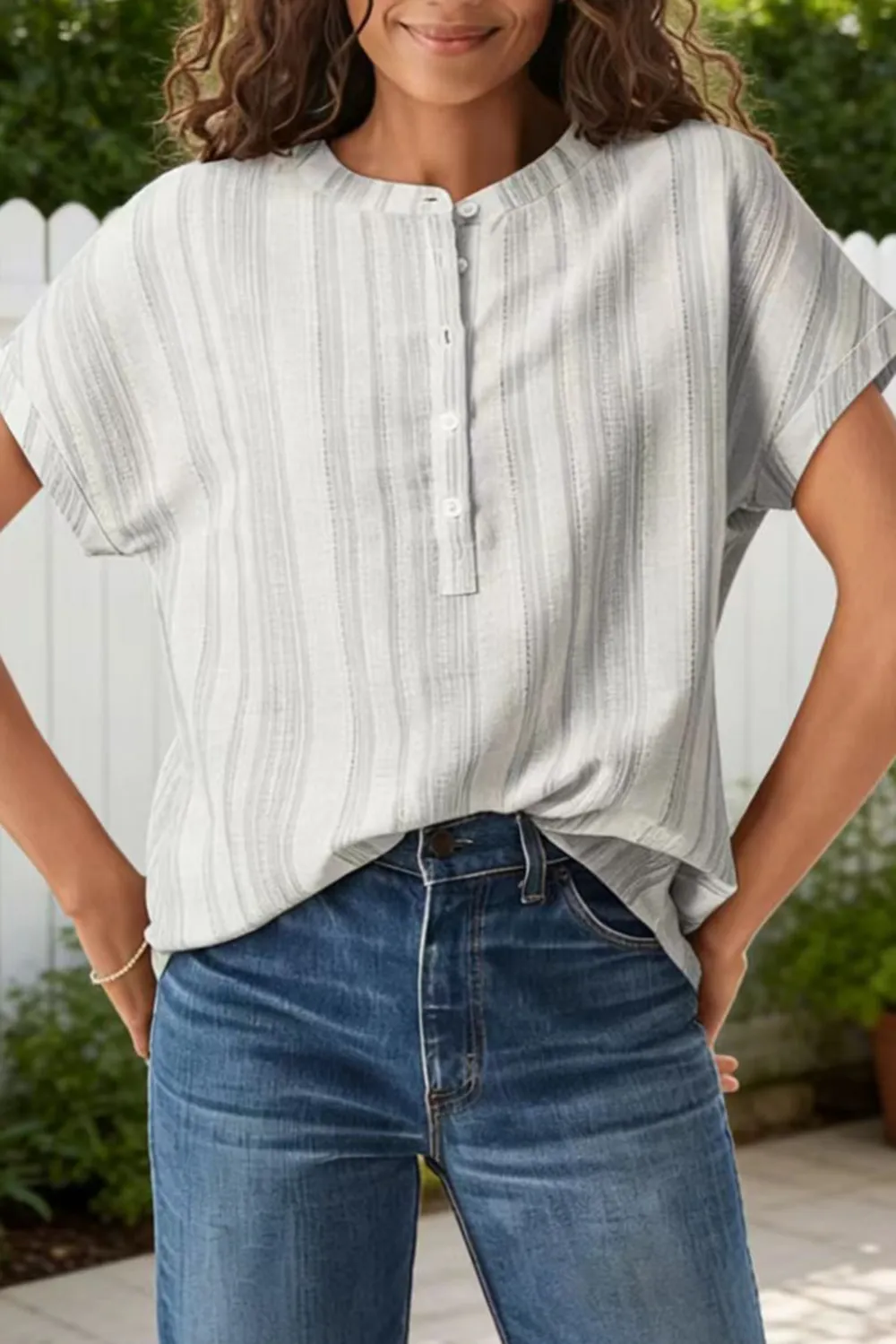 Gray Breathable Gauze Half Button Blouse