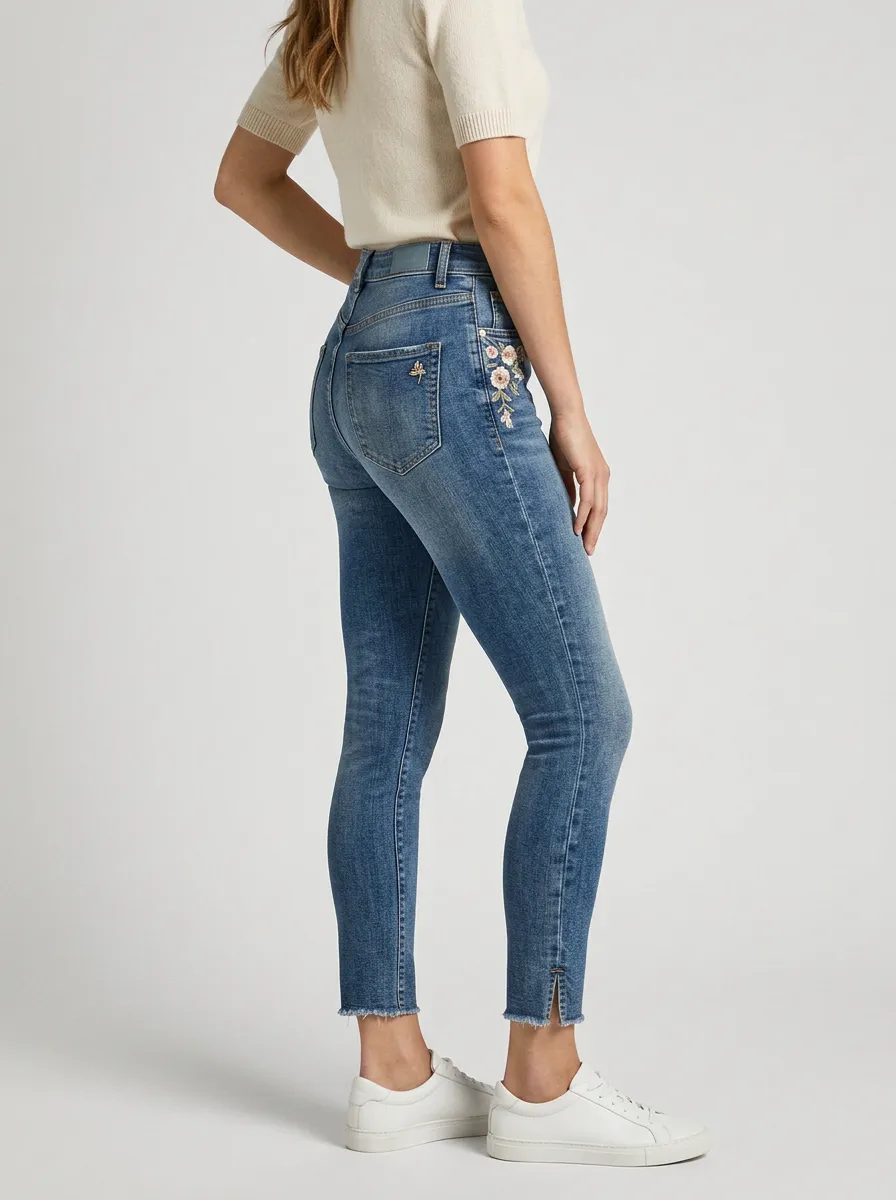 Women's Floral Embroidery Raw Hem Printed Slim Jeans