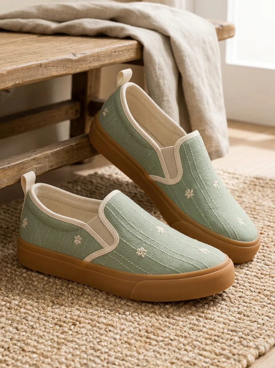 Women's Sage Green Floral Embroidered Slip-on Canvas Shoes