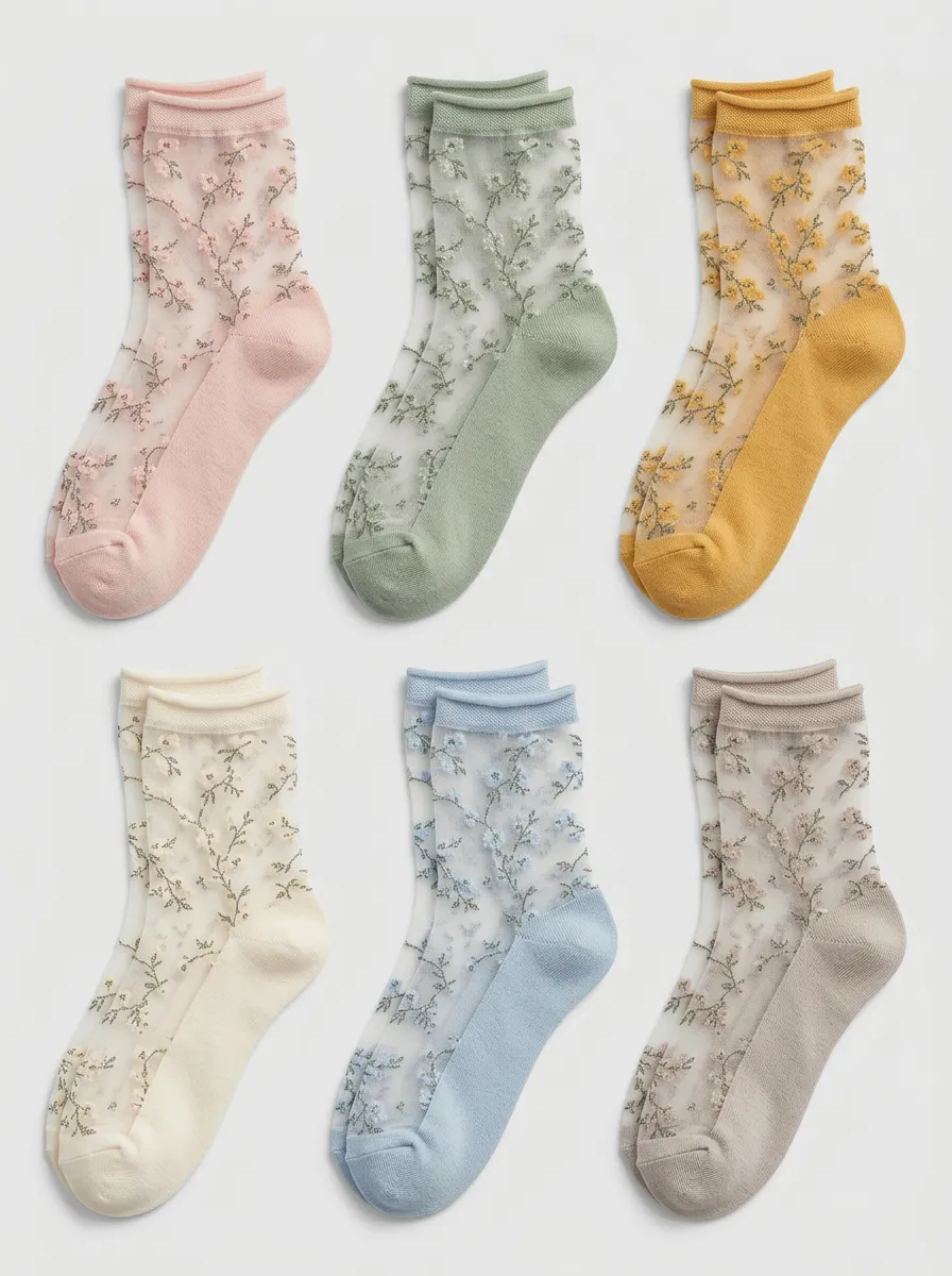 Women's Multicolor Floral Sheer Crew Pastel Socks 6-Pack