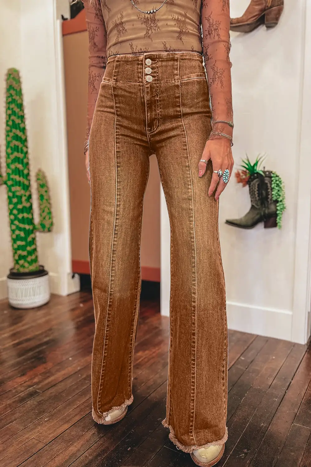 Women's High Waist Button Fly Seamed Raw Hem Flare Jeans