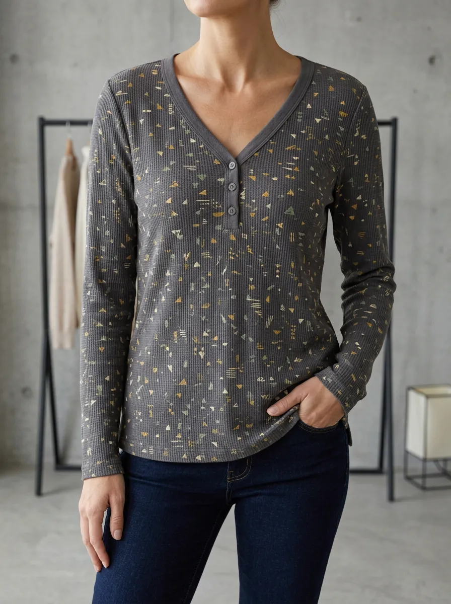 Women's Geometric Pattern Waffle Knit Printed Henley Shirt