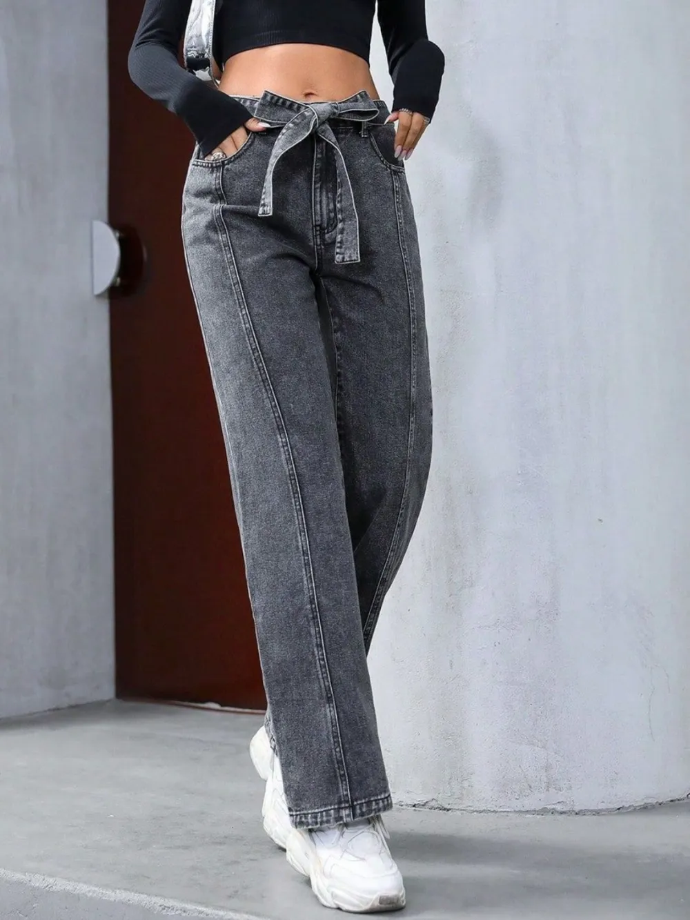 Tied Straight Leg Pocket Detail Denim Jeans
