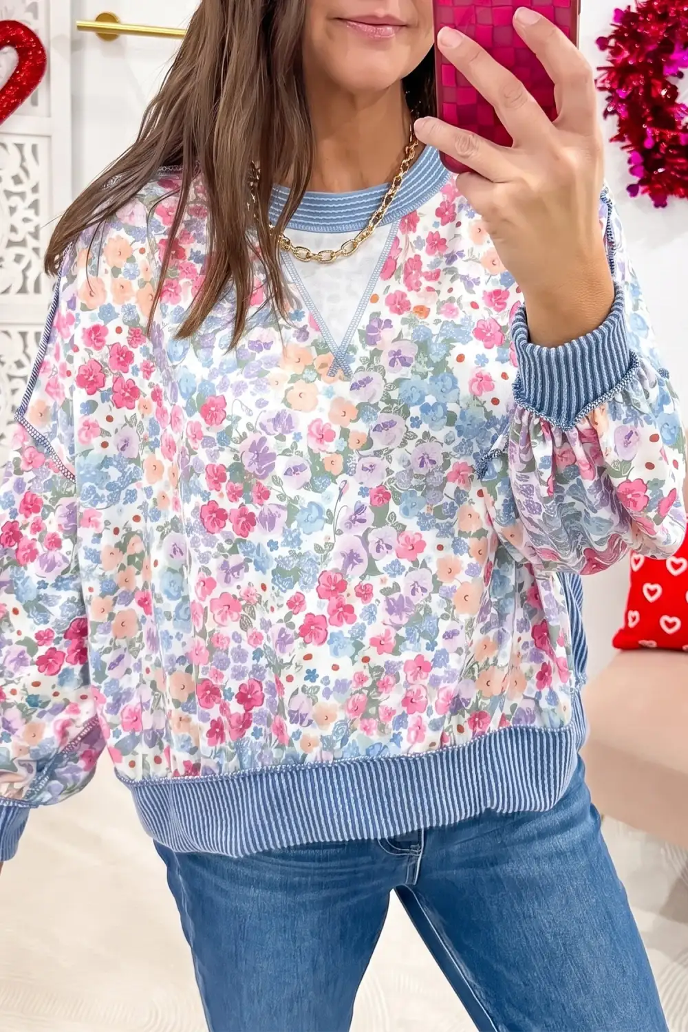Floral Print Round Neck Ribbed Relaxed Stretch Fabric Long Sleeve Top