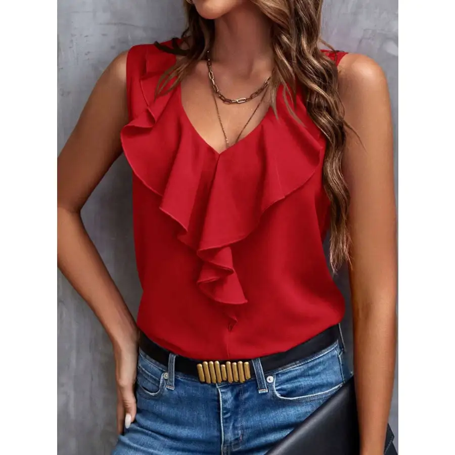 Cozy Ruffled V Neck Tank