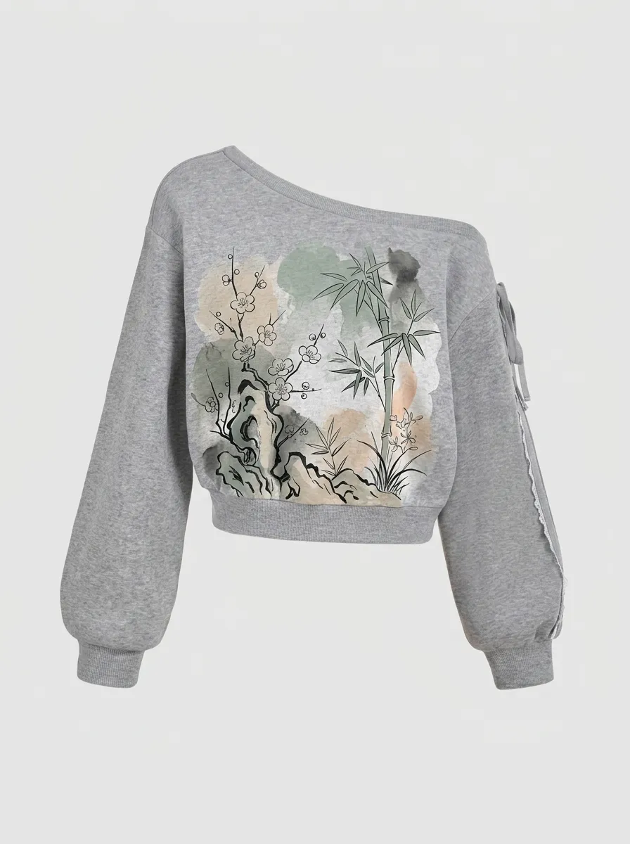 Women's Asian Art Bamboo Plum Blossom Printed Off-Shoulder Sweatshirt