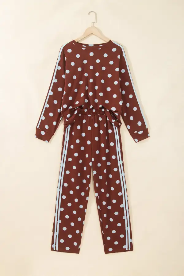 Women's Polka Dot Print Side Stripe Detail Long Sleeve Top Casual Pant Set