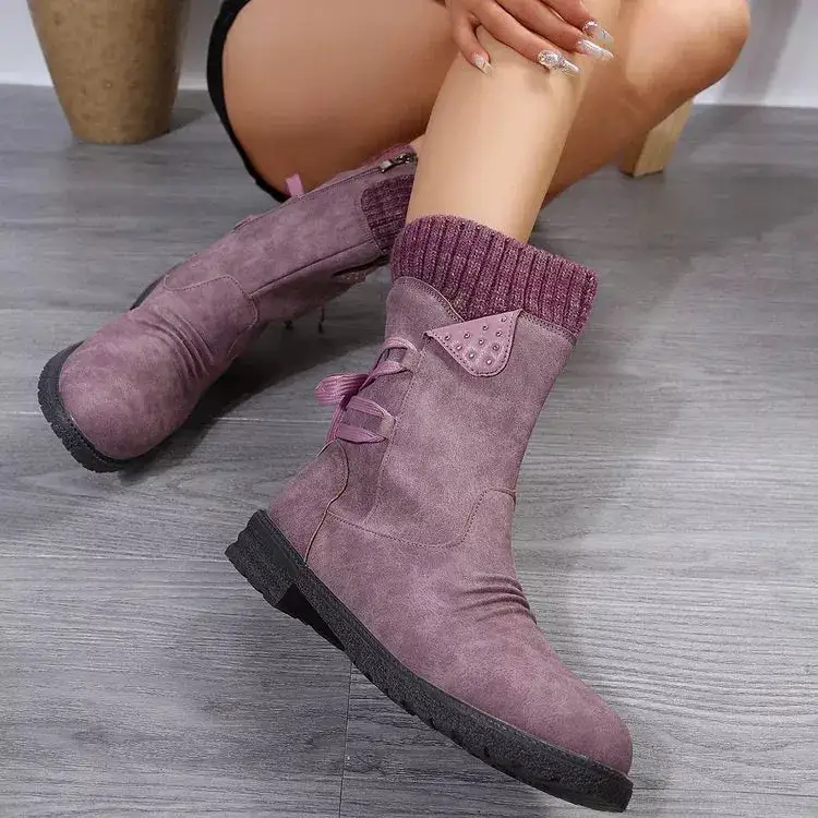 Knitted Cuff Round Toe Boots