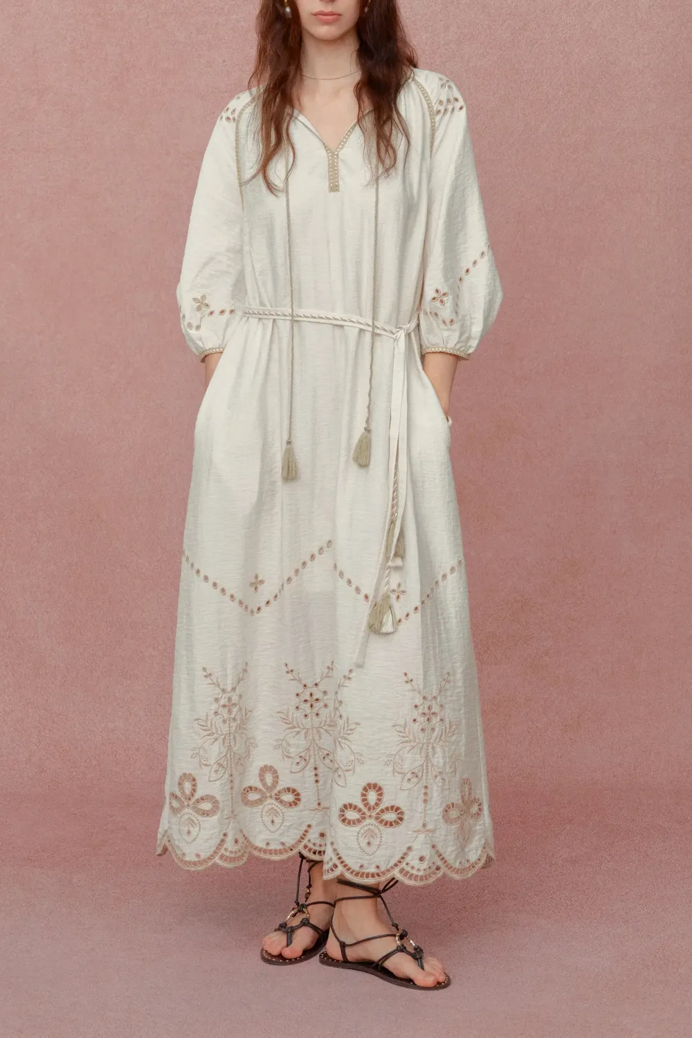 Refined Embroidered Linen Blend Maxi Dress