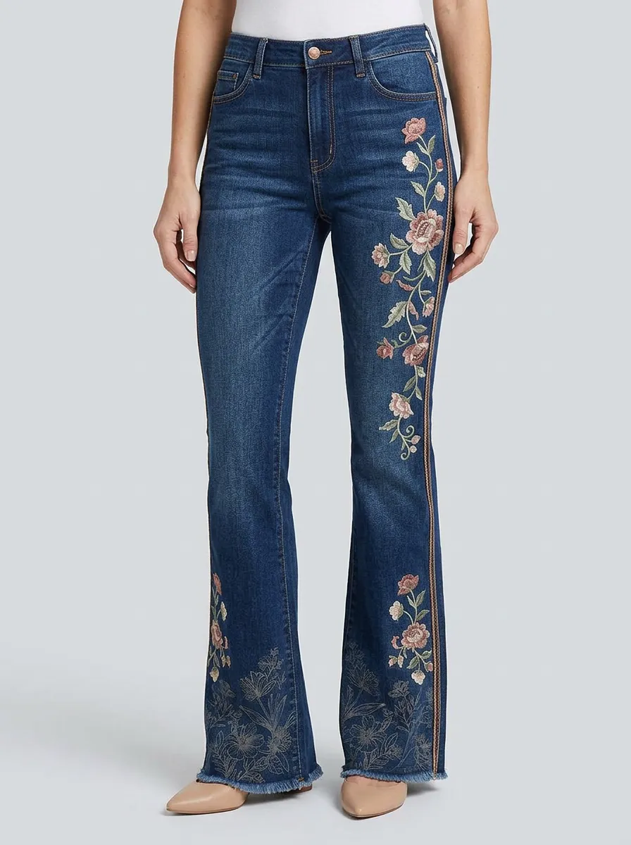 Women's Dark Wash Floral Embroidered Flare Jeans