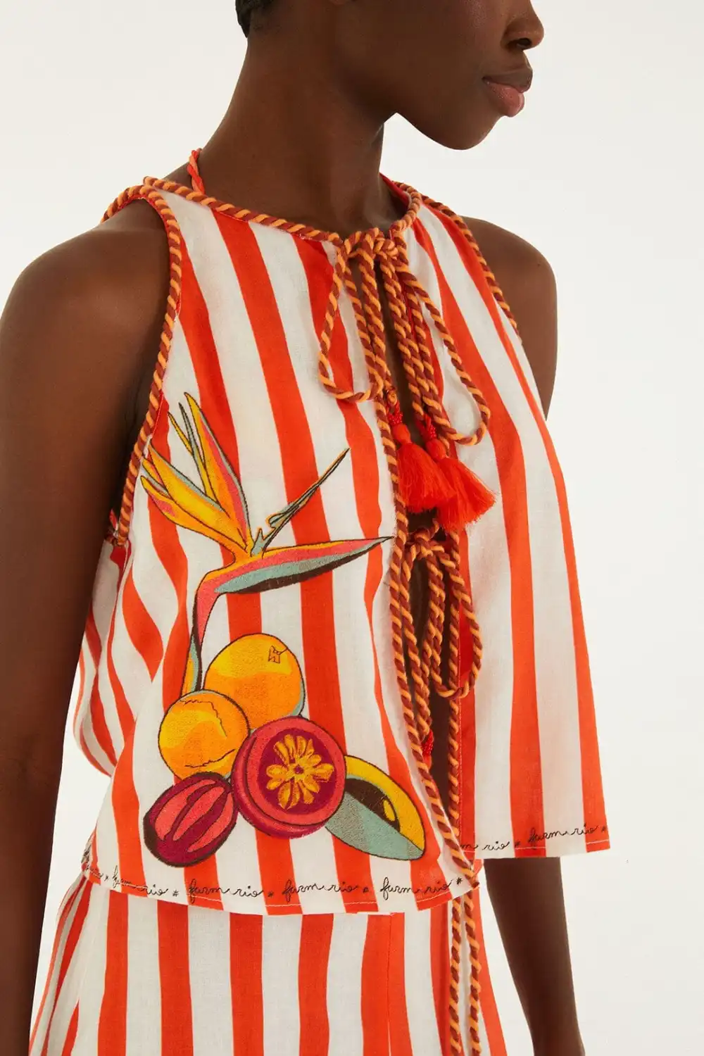 Embroidered Striped Rope-Detail Blouse