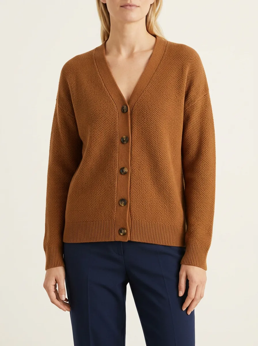Women's Cognac Textured V-Neck Cardigan