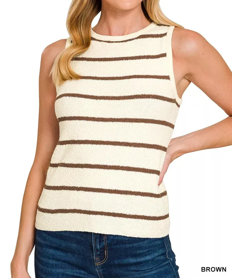 Round Neck Stripe Knit Tank Top Polyester Blend