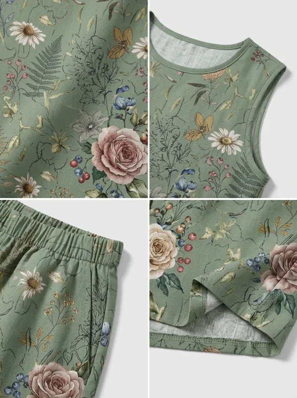 Women's Botanical Floral Sage Green Printed Sleeveless Shorts Set