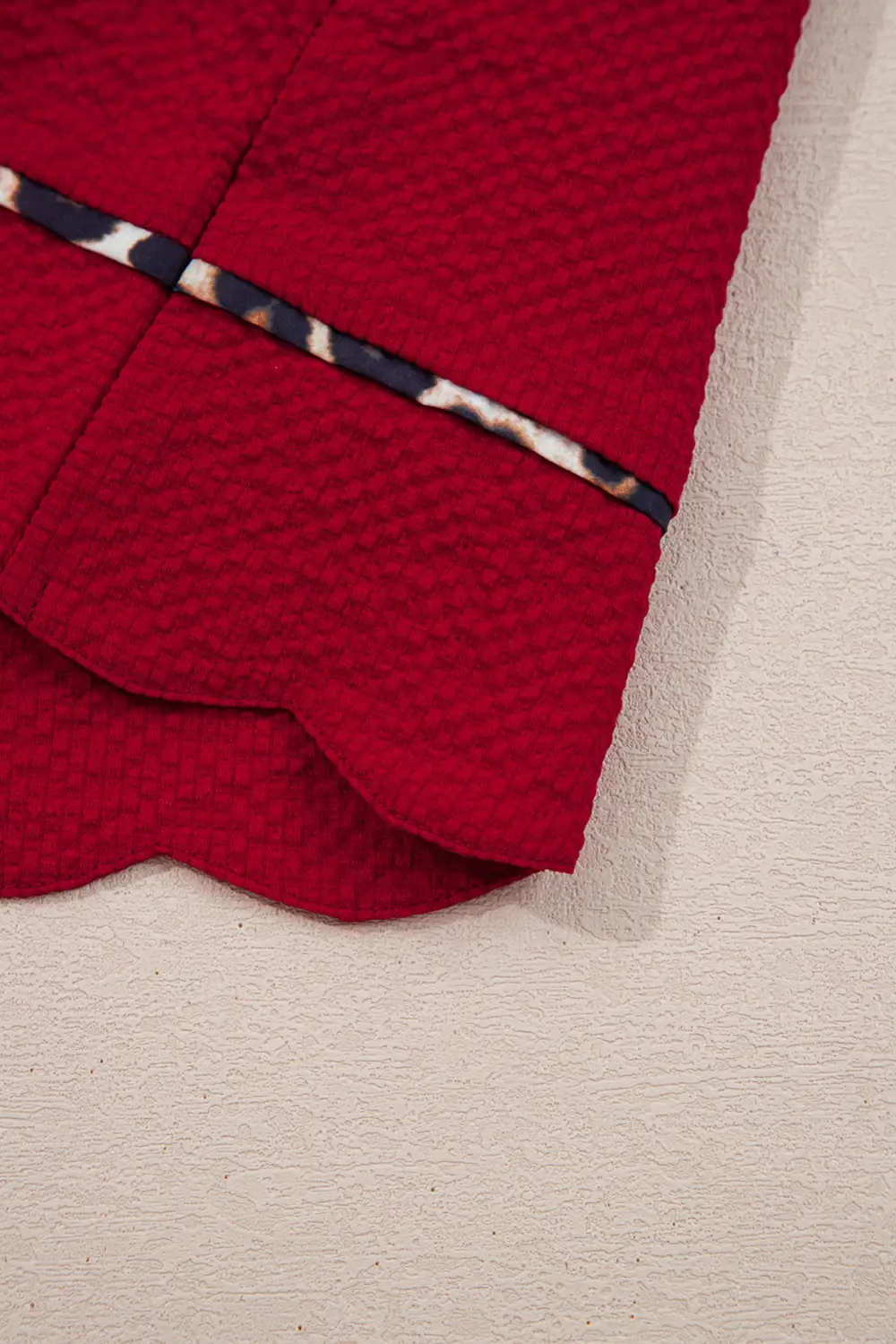 Fiery Red Collar V Neck Leopard Contrasted Trim Textured Blouse