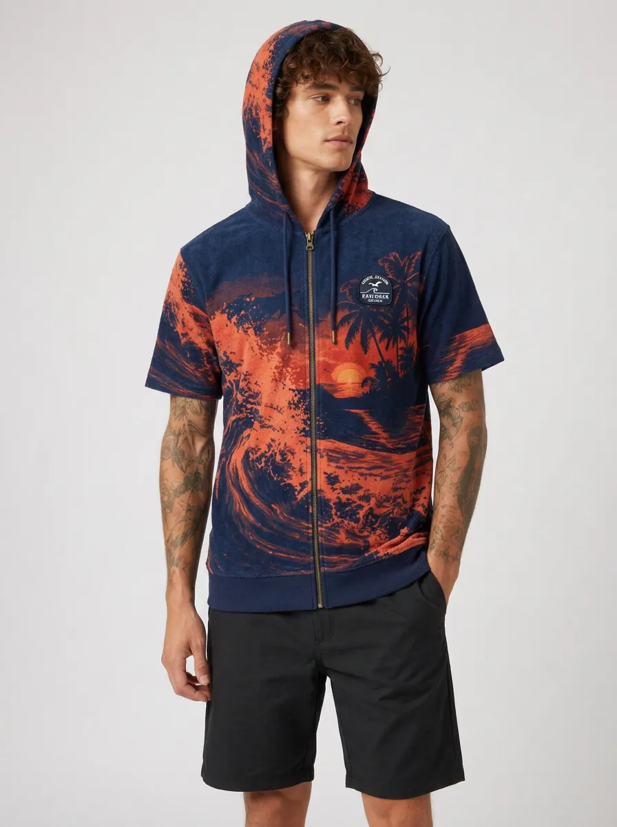 Men's Tropical Beach Sunset Ocean Wave Printed Zip-up Hoodie
