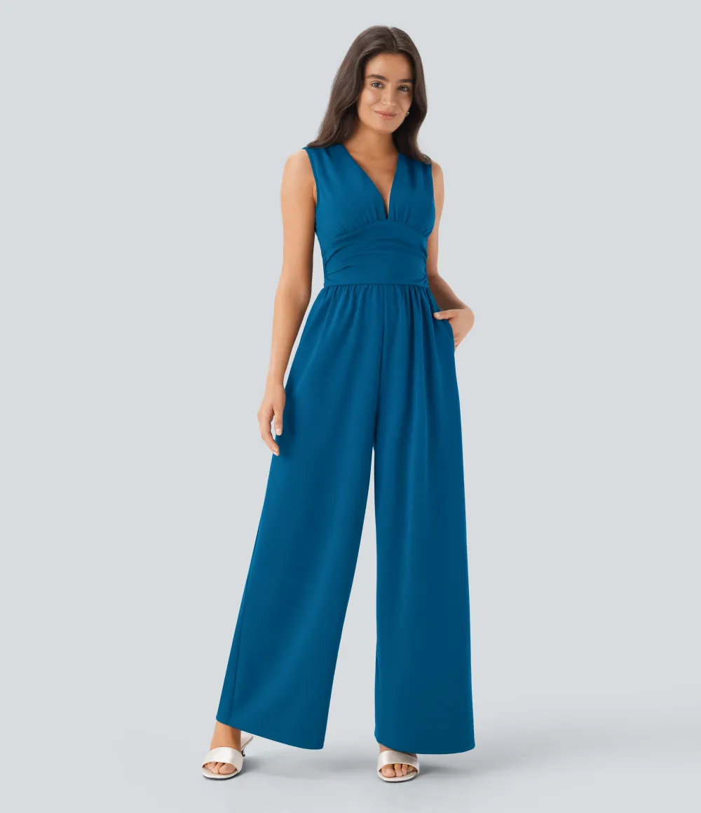 SculptKnit V Neck Sleeveless Ruched Pocket Jumpsuit-Easy Peezy