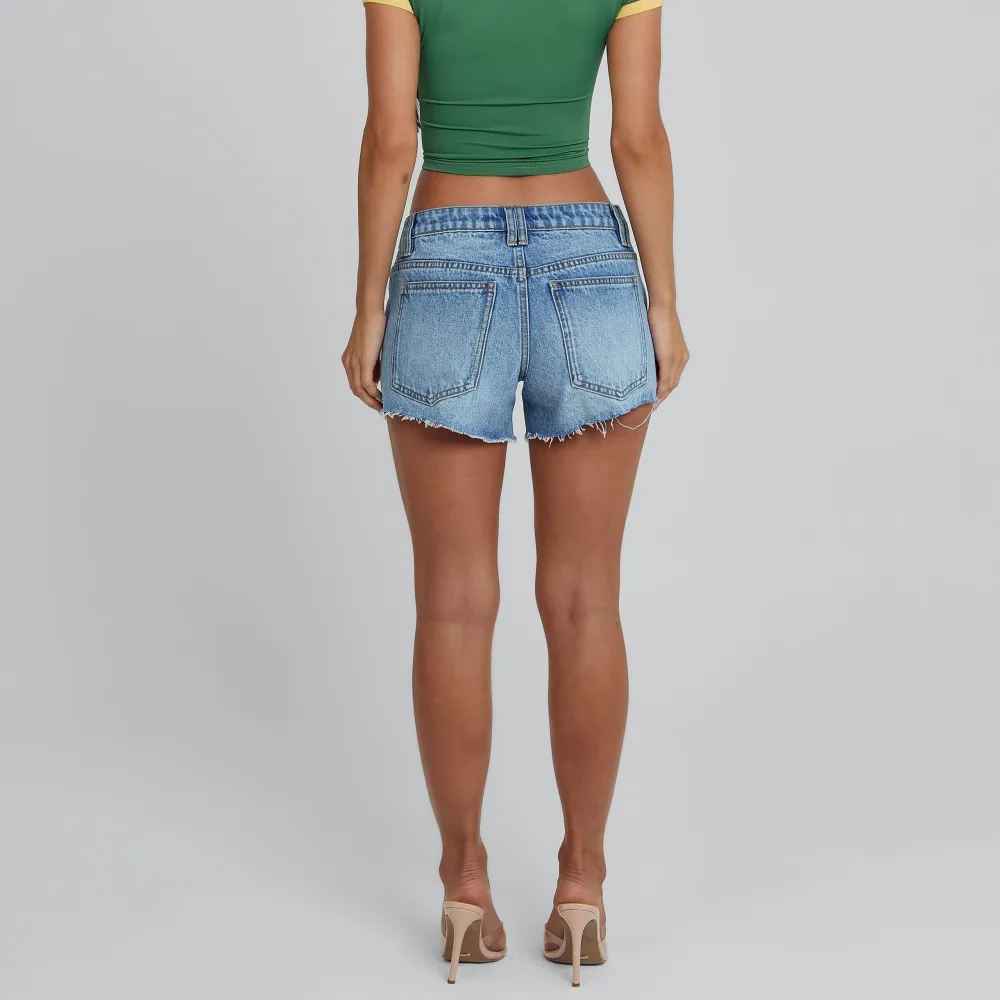 Mid Blue Raw Hem Denim Shorts