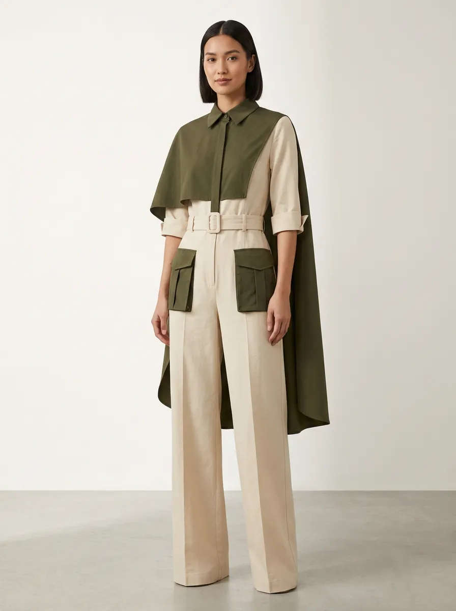 Women's Utility Style Olive Green Beige Colorblock Belted Jumpsuit