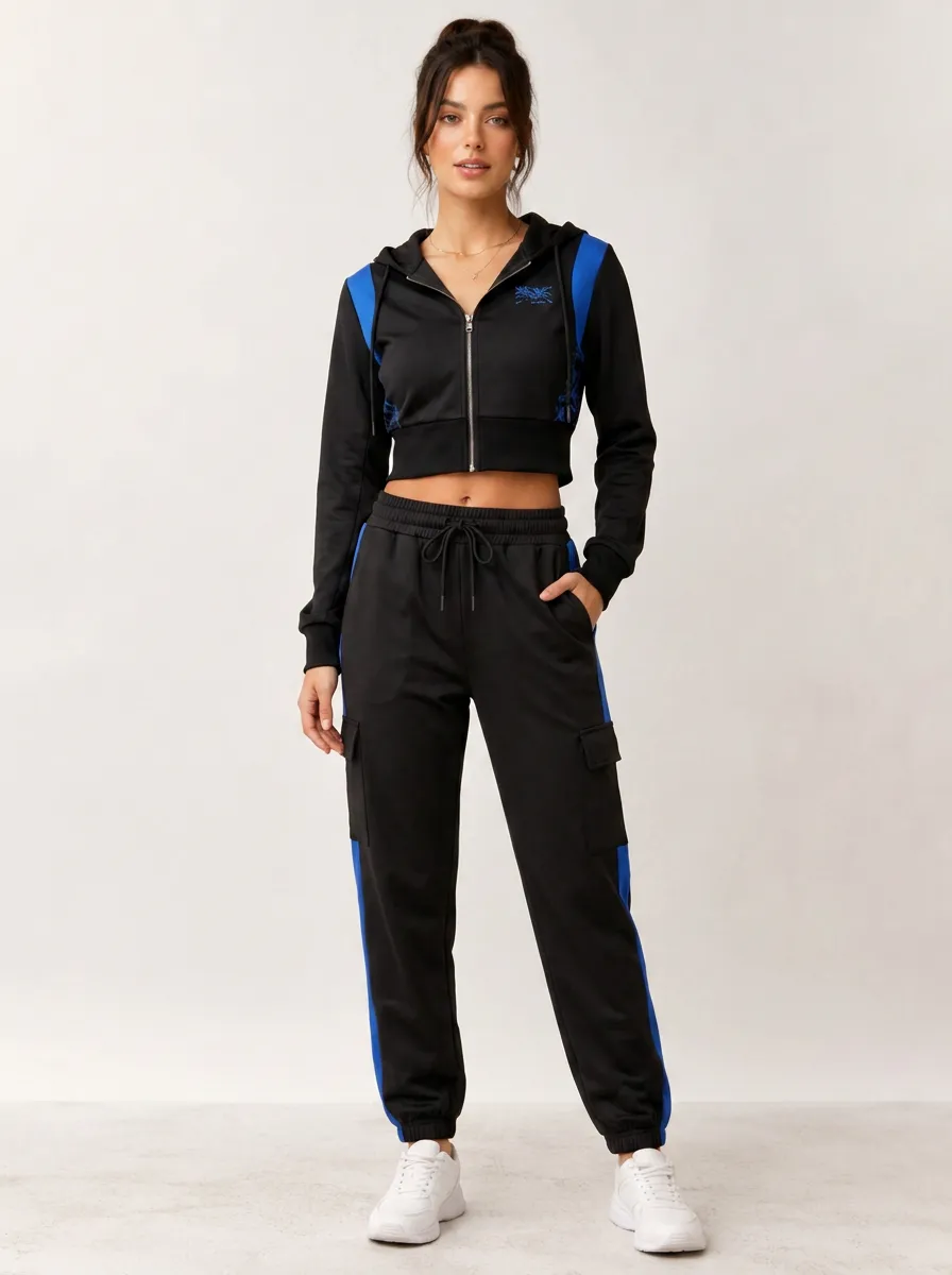 Women's Sporty Casual Blue Striped Printed Crop Hoodie Jogger Set