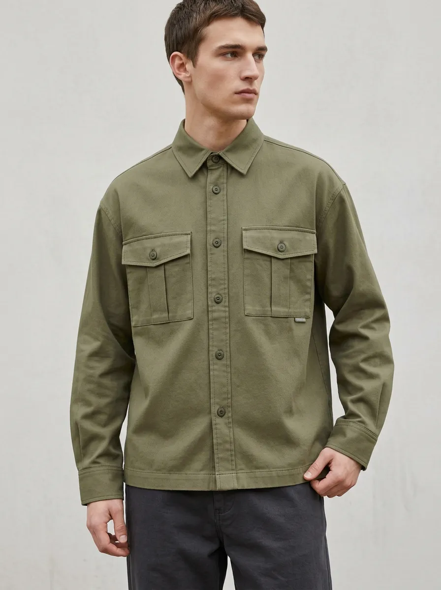 Men's Casual Outdoor Olive Green Utility Button-Down Shirt