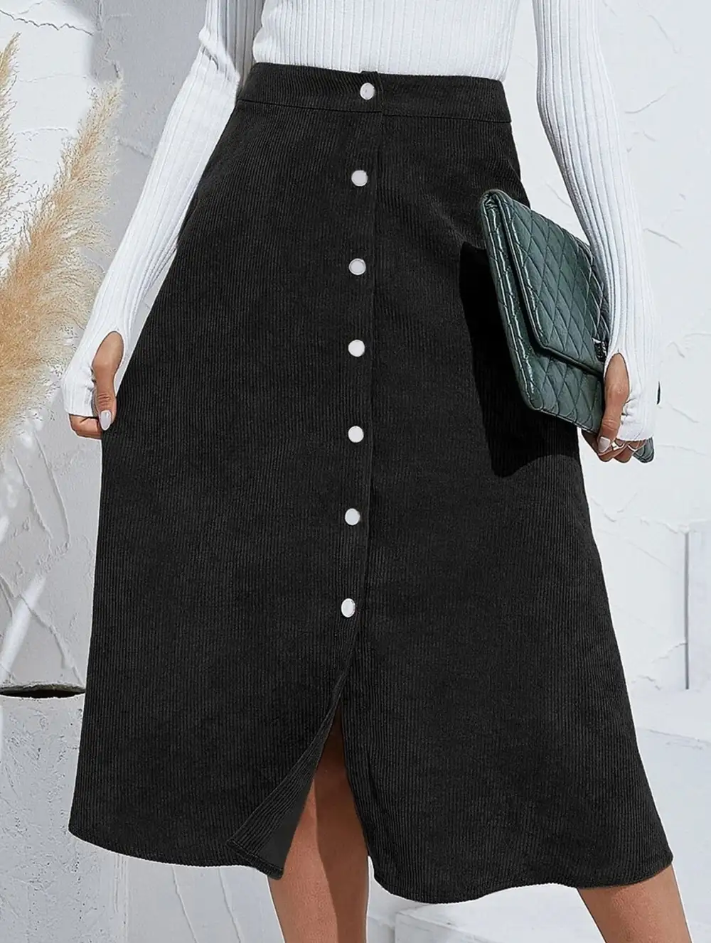 Corduroy Button Front Midi Skirt