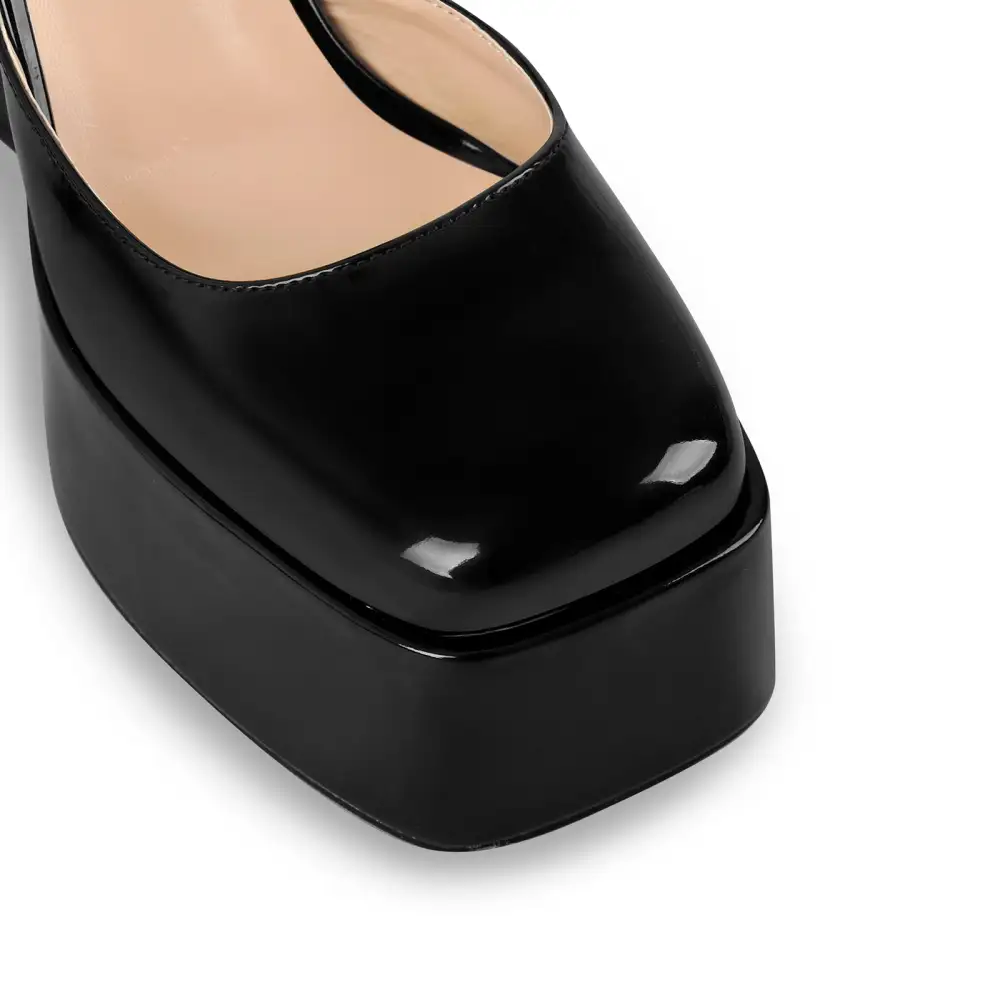 Patent Finish Square Toe Platform Chunky Heel Ankle Strap Pumps