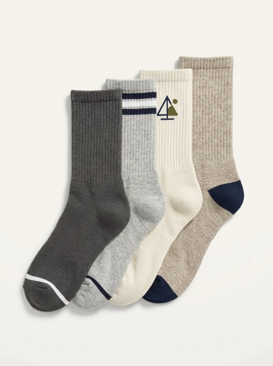 Men's Crew Socks Four-Pair Pack with Mountain Motif Striped Geometric Tree Motif
