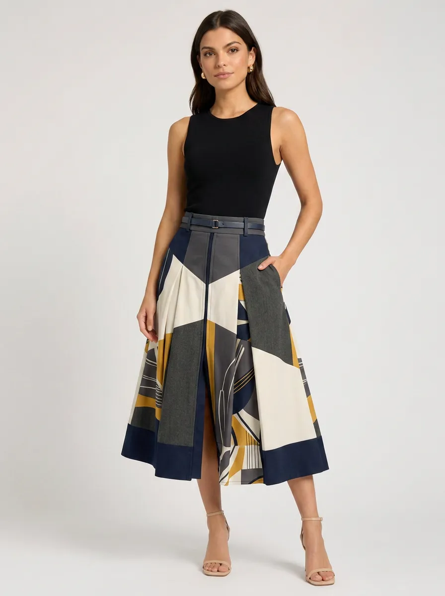 Women's Multicolor Geometric Print Pleated Midi Skirt