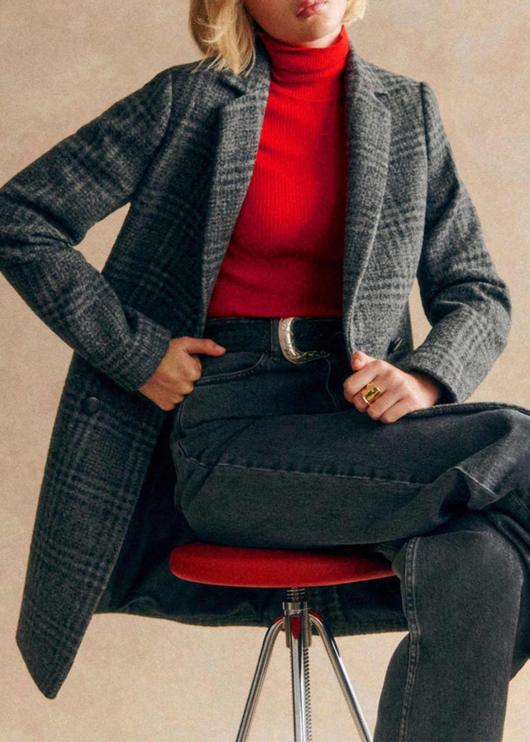 Mid-length Grey Checked Coat