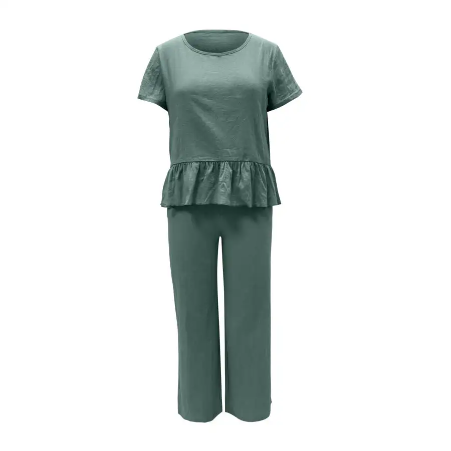 Peplum Round Neck Short Sleeve Top and Pants Set