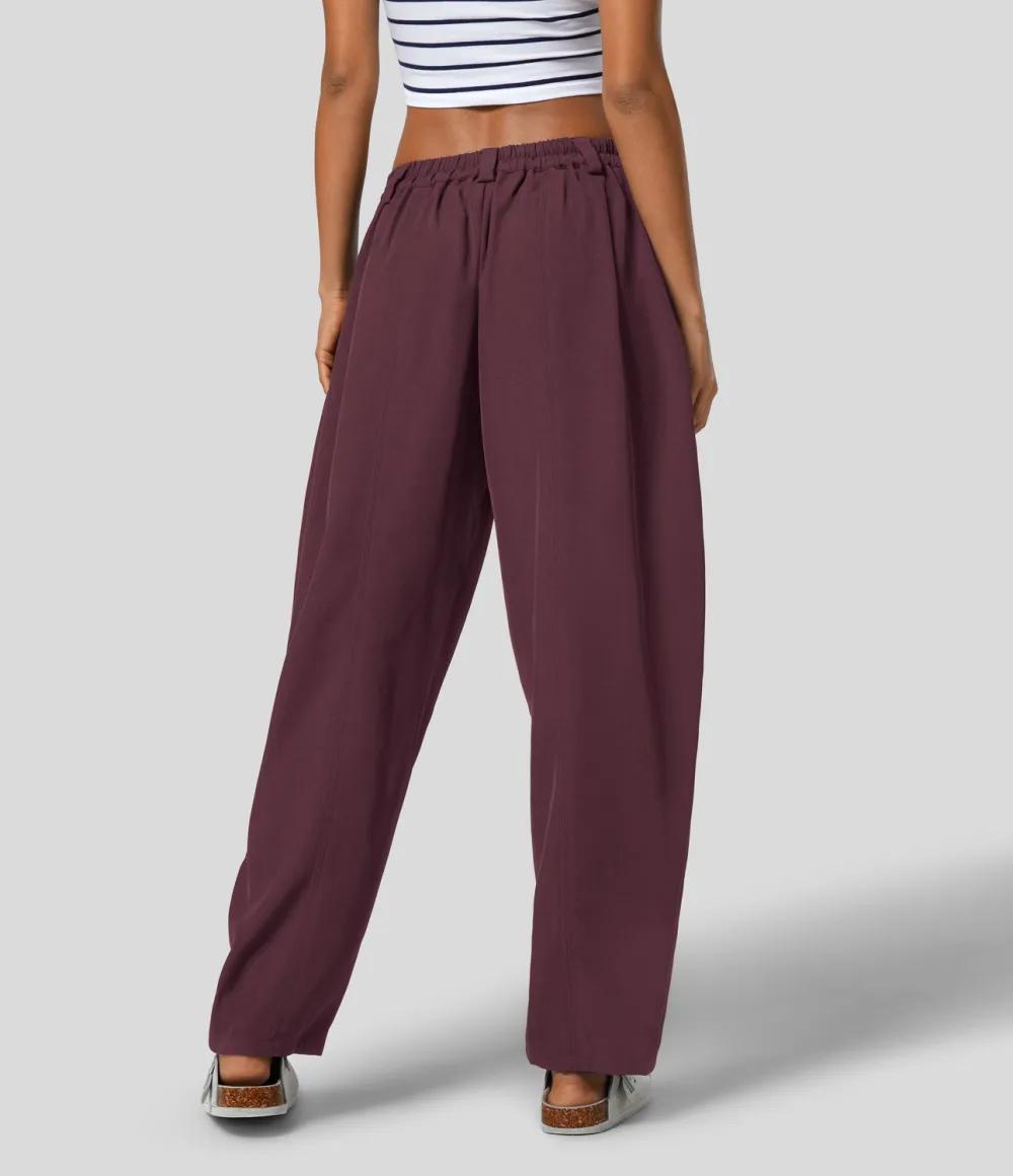 Mid Rise Plicated Side Pocket Barrel Leg Work Pants