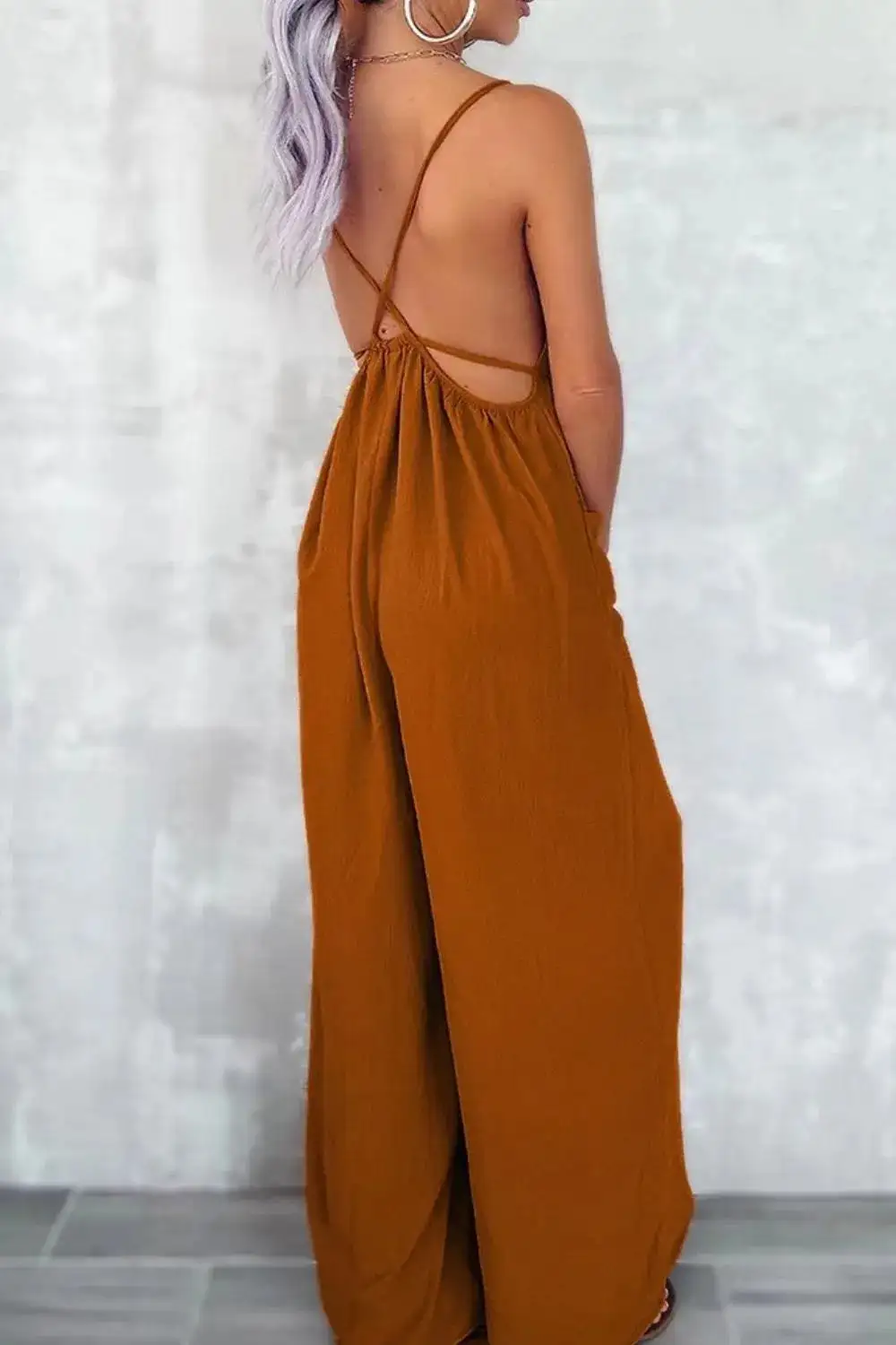 Casual Spaghetti Strap Wide Leg Jumpsuit Accessory