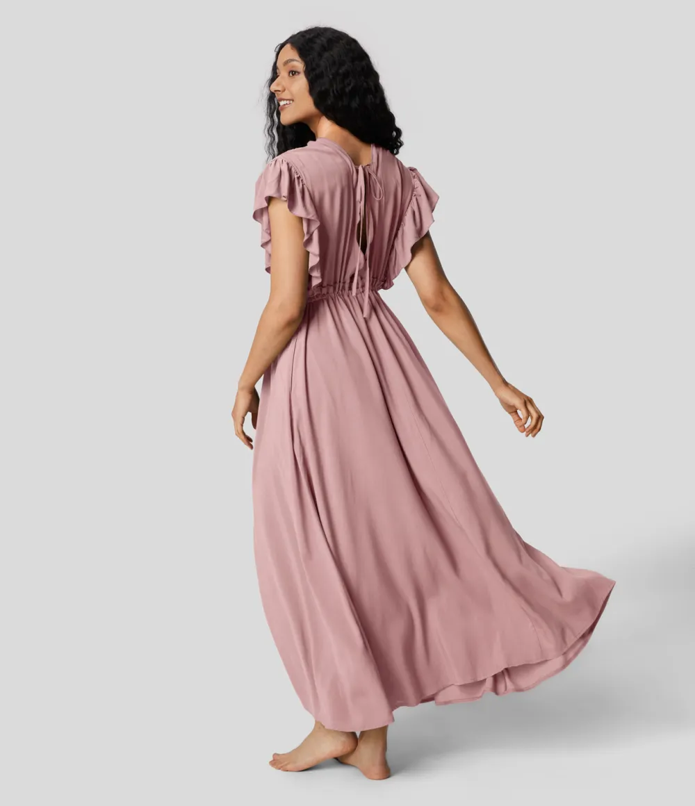 Deep V Neck Butterfly Sleeve Backless Drawstring Button Side Pocket Flowy Maxi Casual Dress