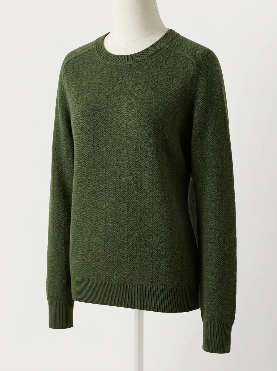 Unisex Olive Green Herringbone Pattern Knitted Crewneck Sweater