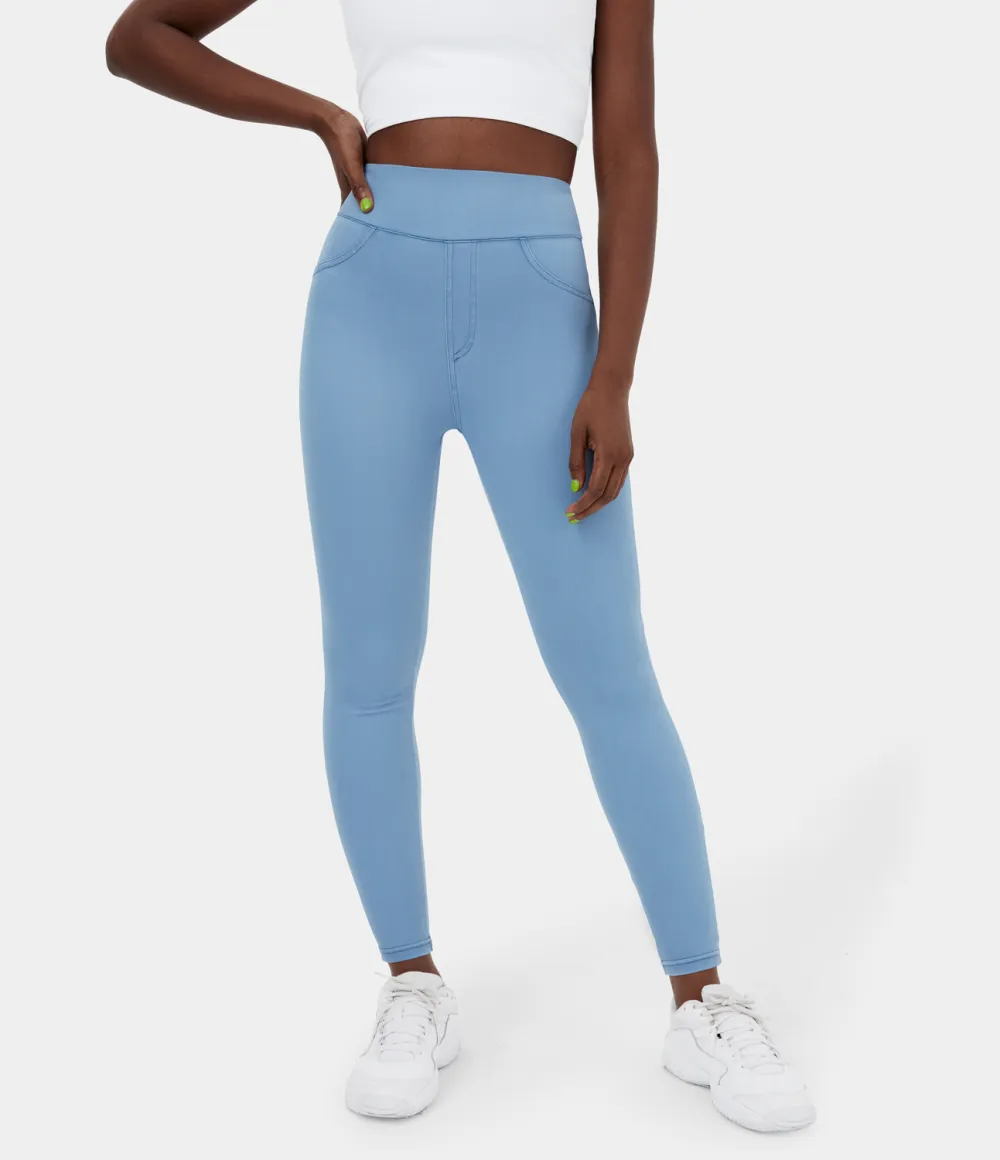 Magic High Waisted Back Side Pocket Stretchy Knit Denim Casual Leggings