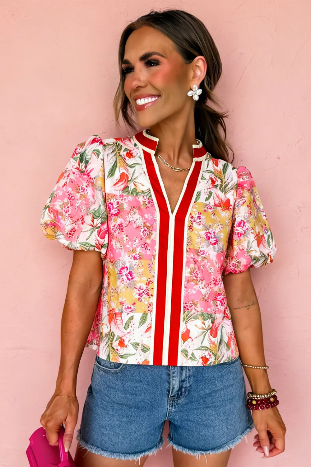 Pink Contrast Collared V Neck Blouse