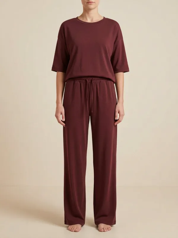 Women's Elbow-Sleeve Crewneck Top And Drawstring Straight-Leg Trouser Lounge Set