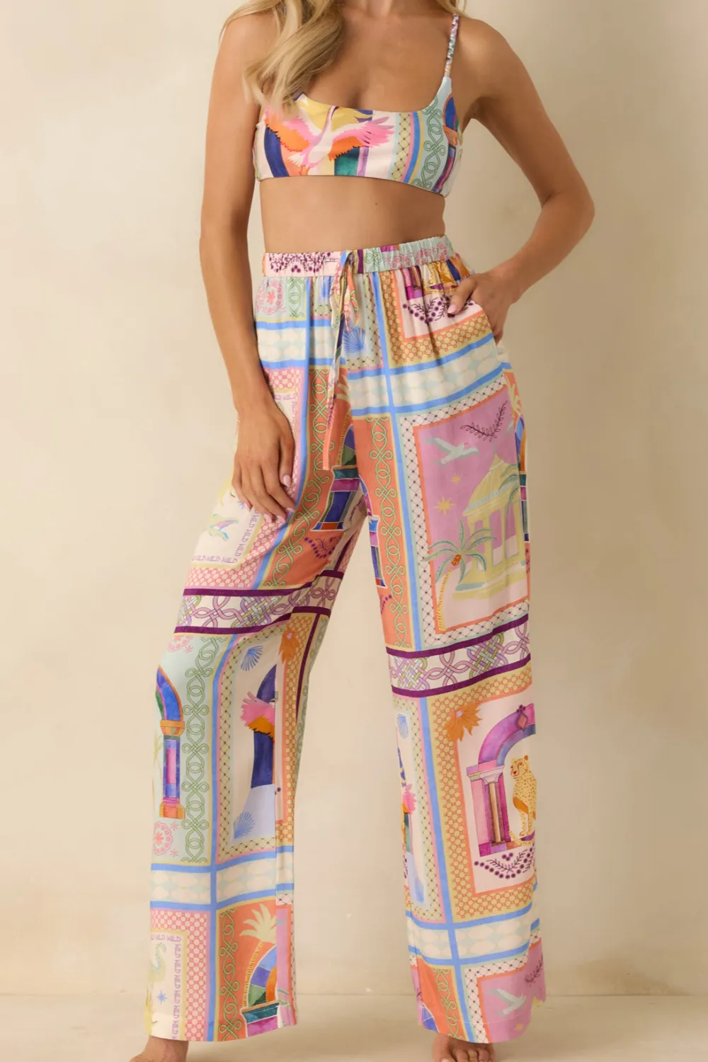Elysia Multi Tropical Tile Print Drawstring Pants