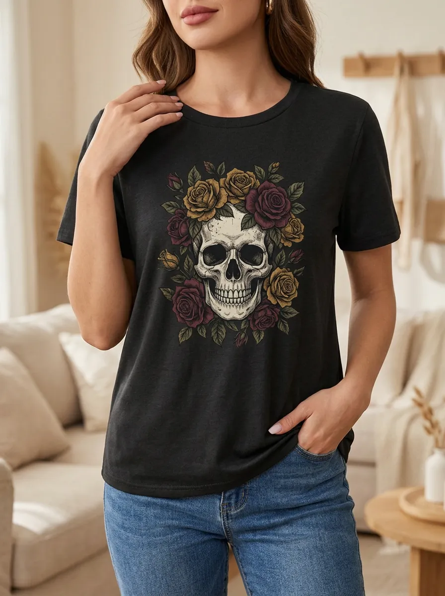 Women's Halloween Gothic Skull Floral Printed T-shirt