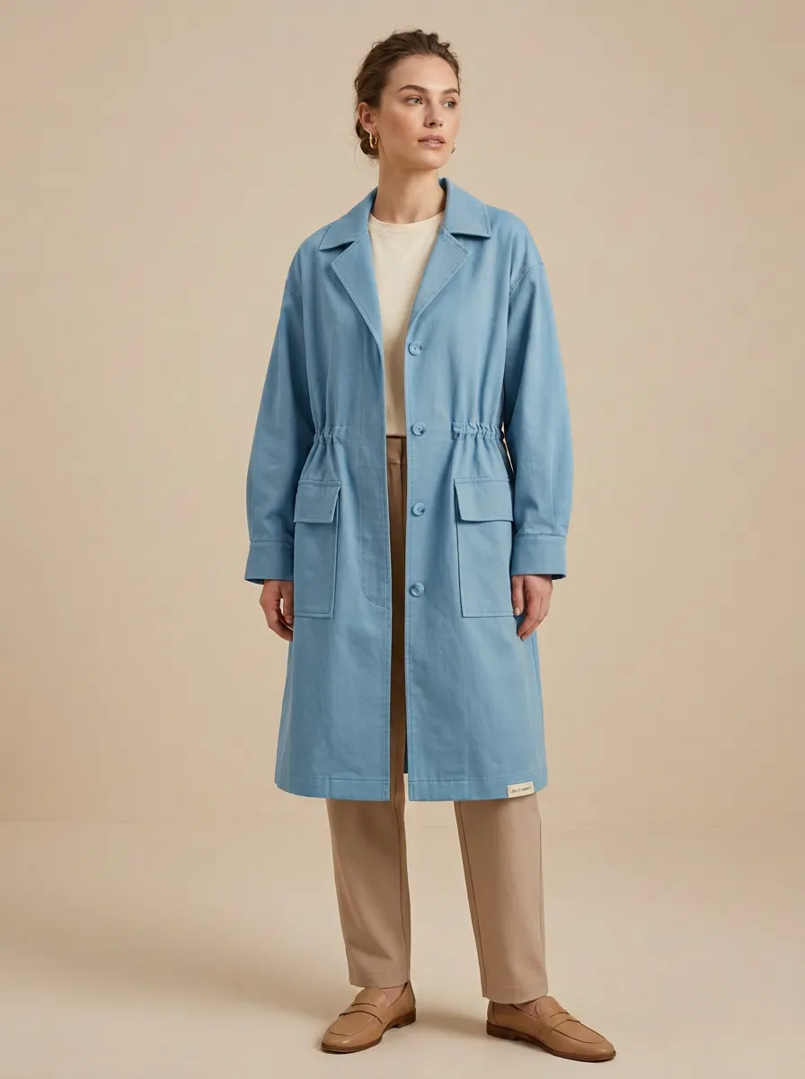 Drawstring Waist Printed Trench Coat
