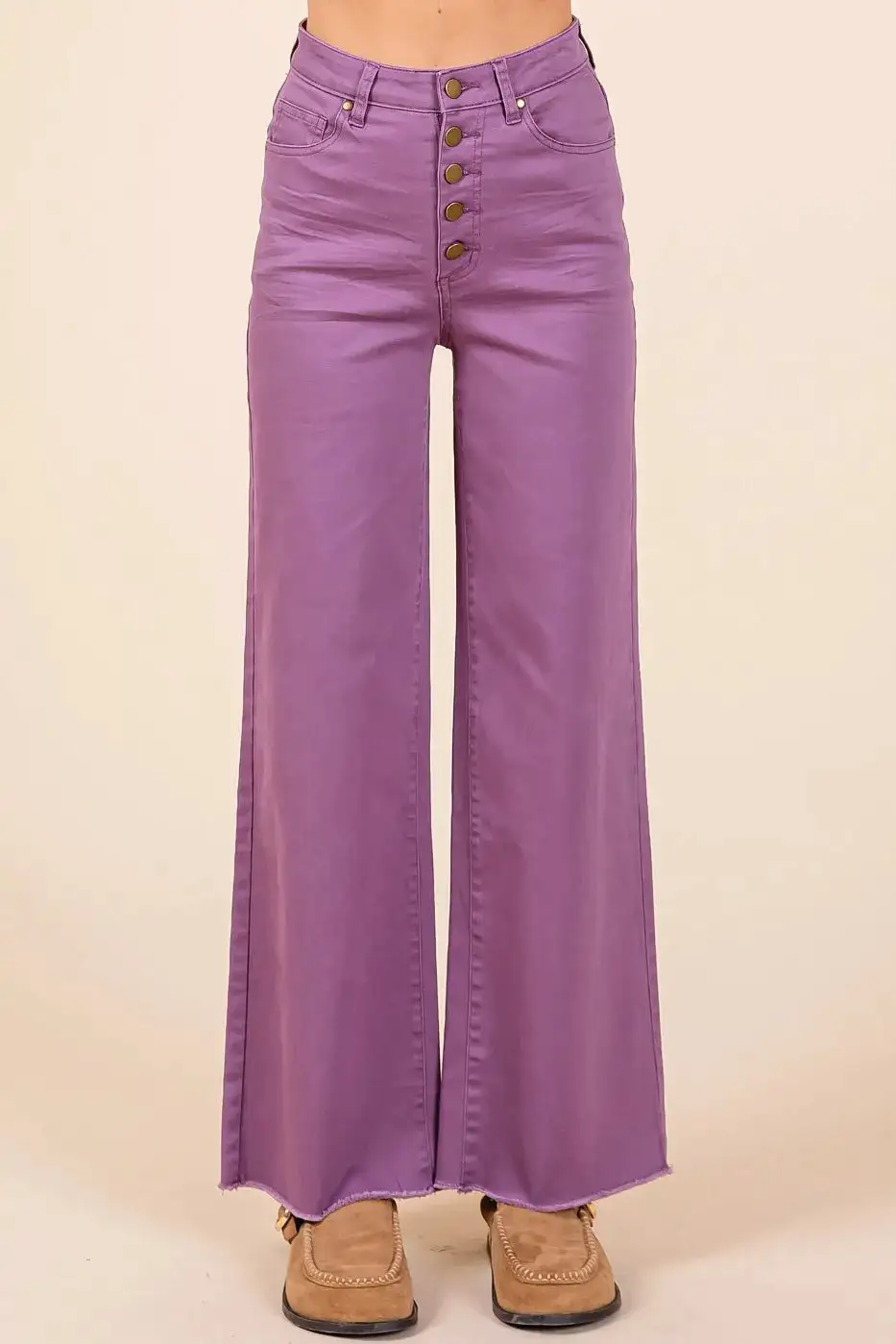 Twill High Waist Button Fly Wide Leg Pants
