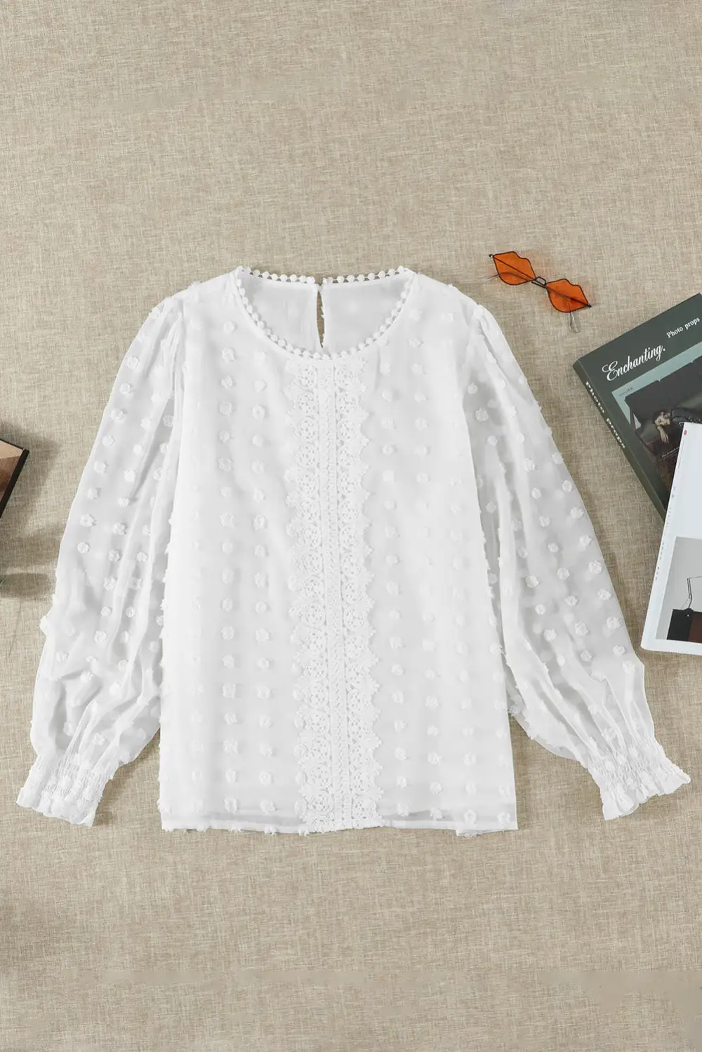 Polka Dot Lace Lantern Sleeve Blouse
